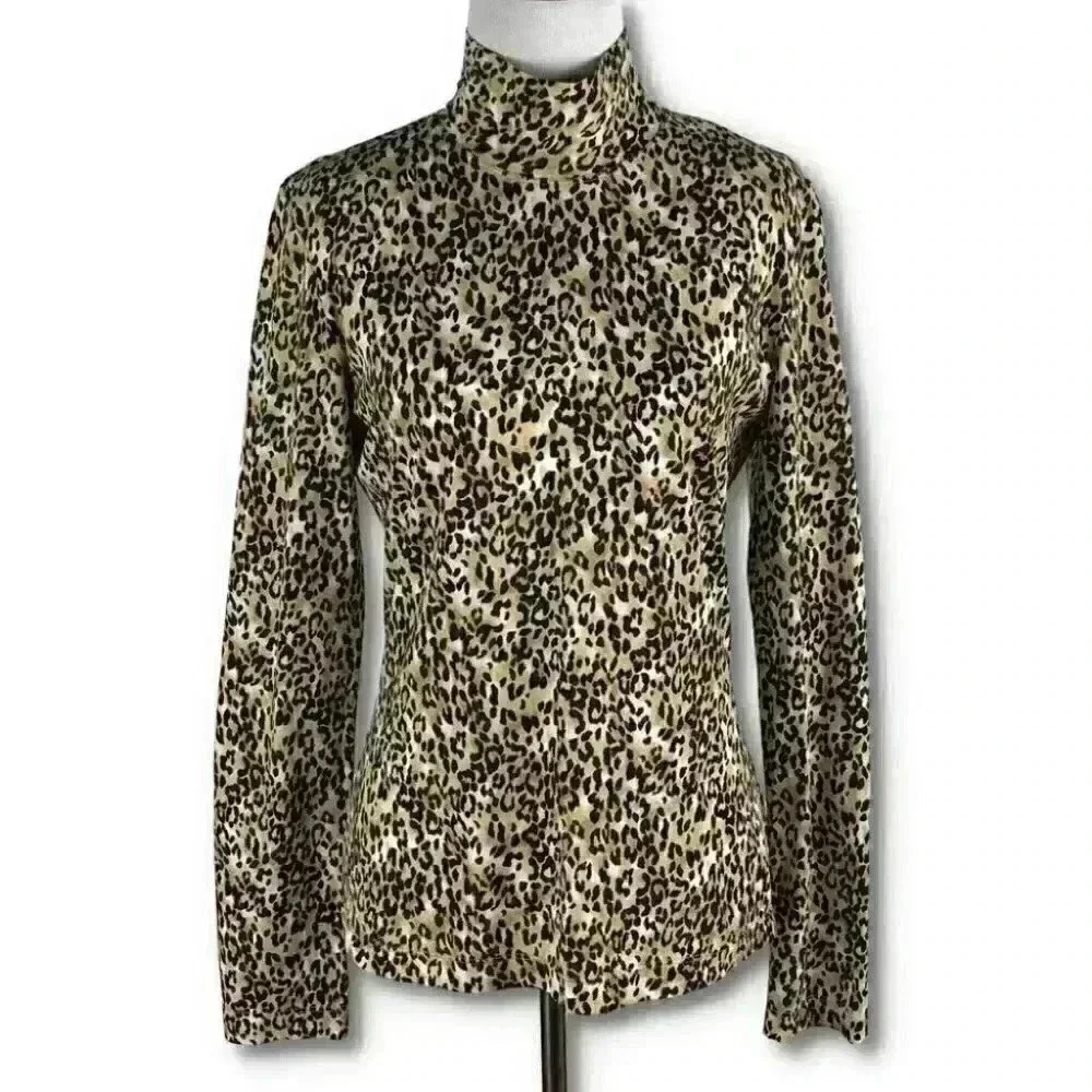 St. John top size S brown tan cheetah print long sleeve mock turtleneck stretch